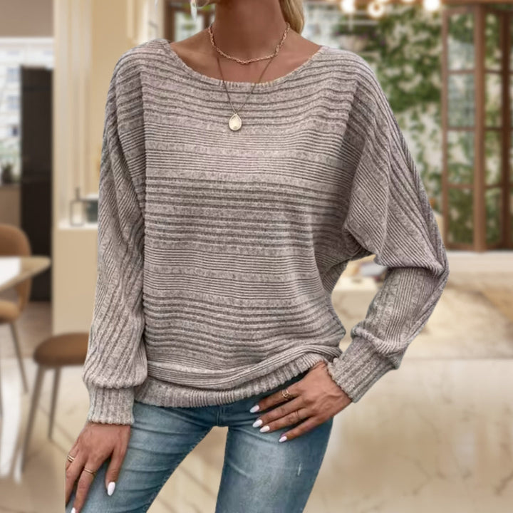 Sylvie ribbed batwing sleeve sweater in taupe, front view styled look