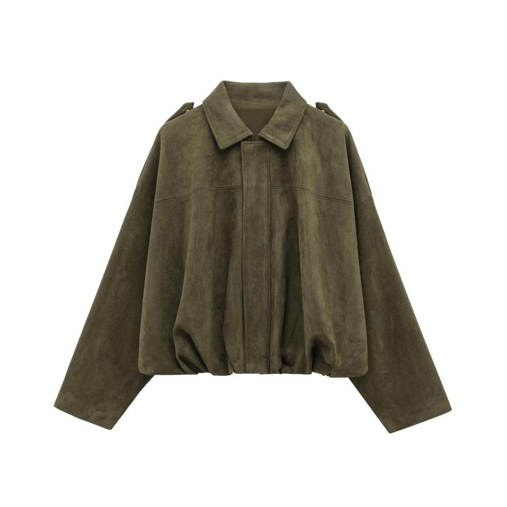 Talia oversized cropped bomber jacket in olive green, front view on hanger