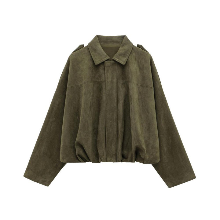 Talia oversized cropped bomber jacket in olive green, front view on hanger