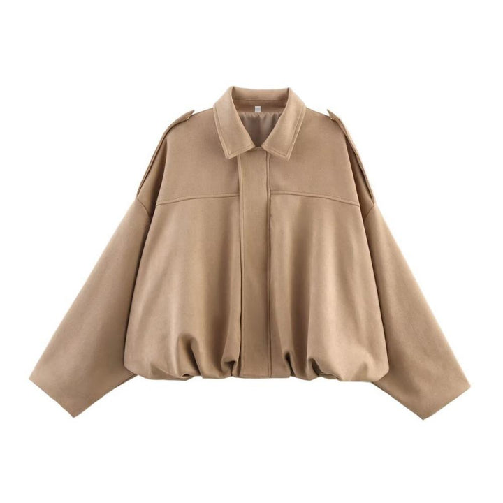 Woman wearing Talia oversized bomber jacket, close-up front detail