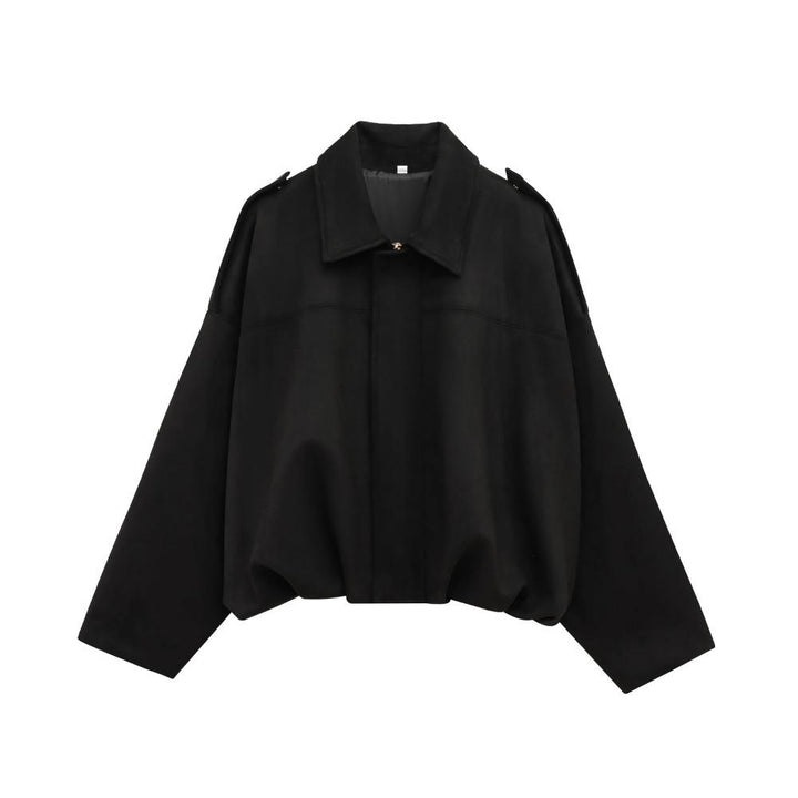 Woman wearing Talia oversized bomber jacket, close-up front detail