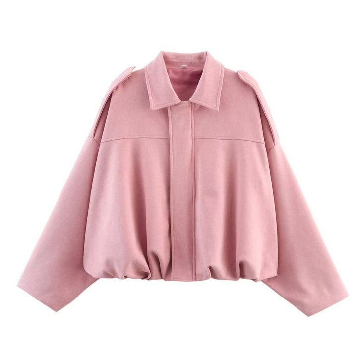 Woman wearing Talia oversized bomber jacket, close-up front detail