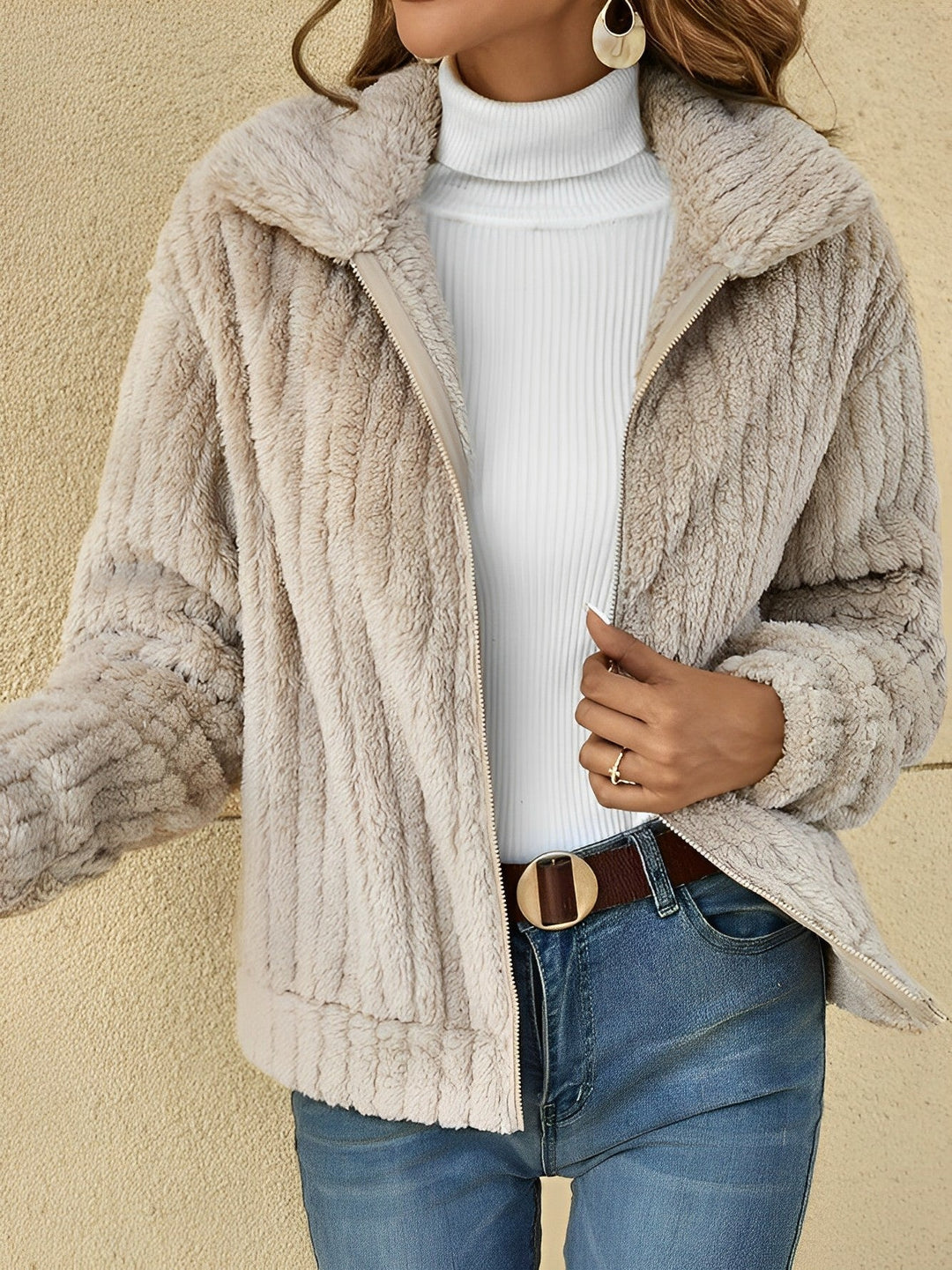 Talia zip front teddy coat in light neutral, front view open