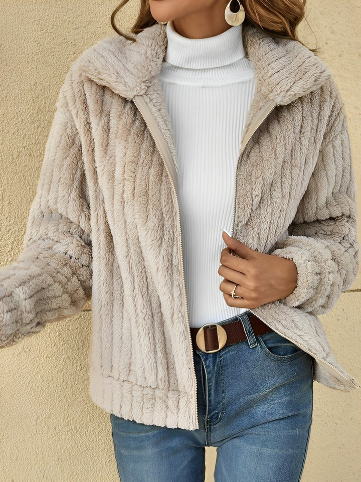 Talia zip front teddy coat in light neutral, front view open