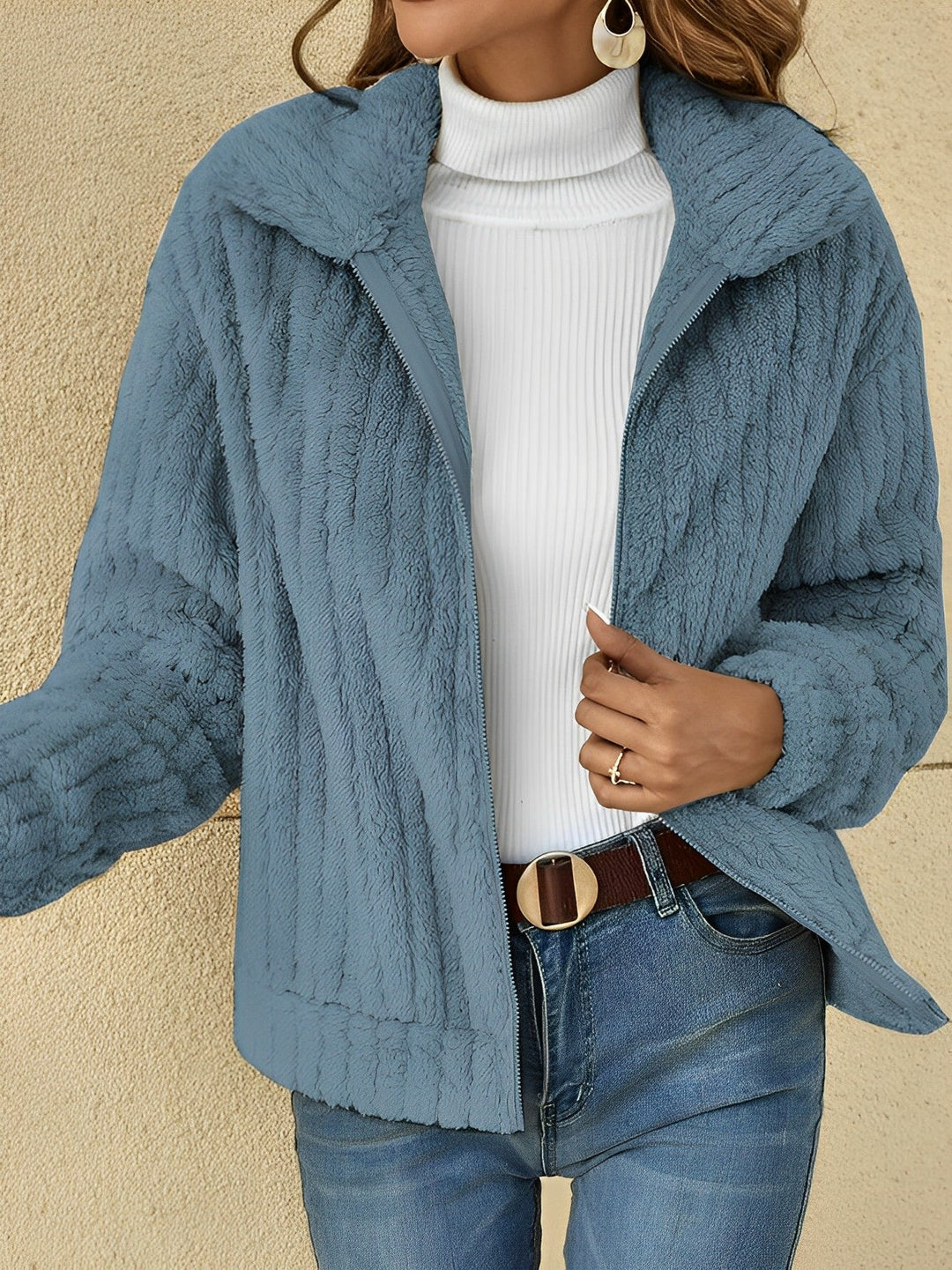Talia zip front teddy coat in blue, front view open