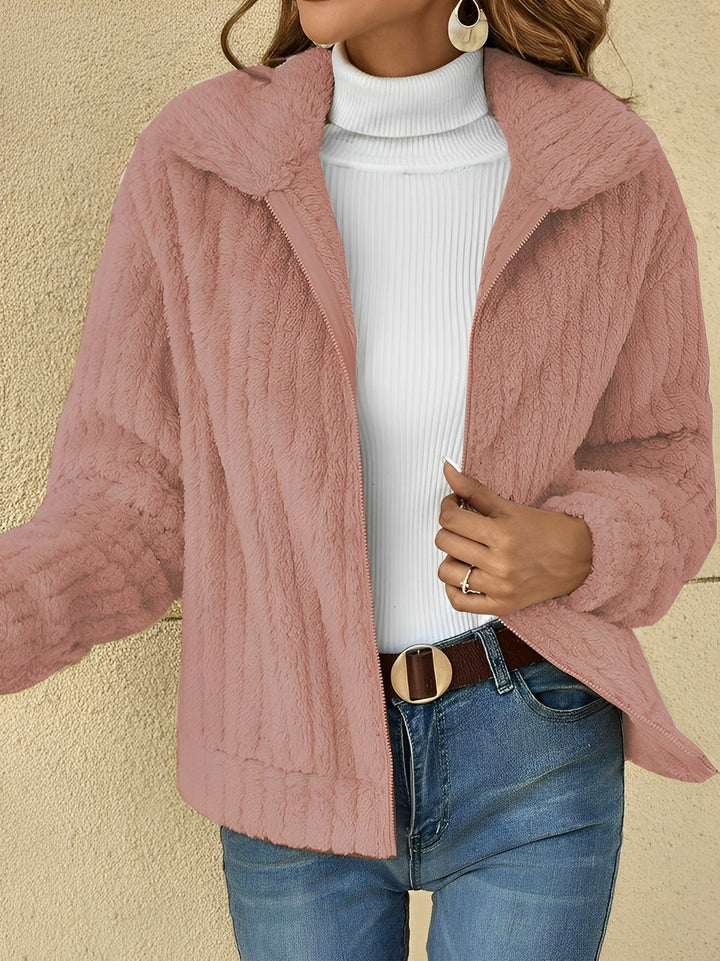 Talia zip front teddy coat in pink, front view open