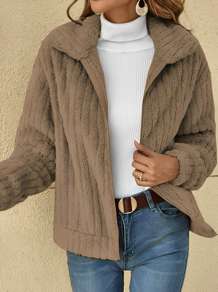 Talia zip front teddy coat in brown, front view open