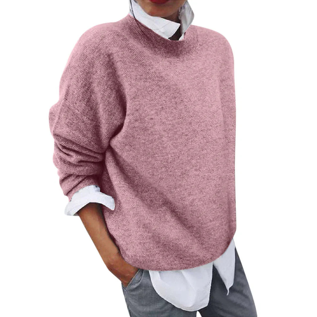Tamsin pink mock neck knit sweater, front view close-up