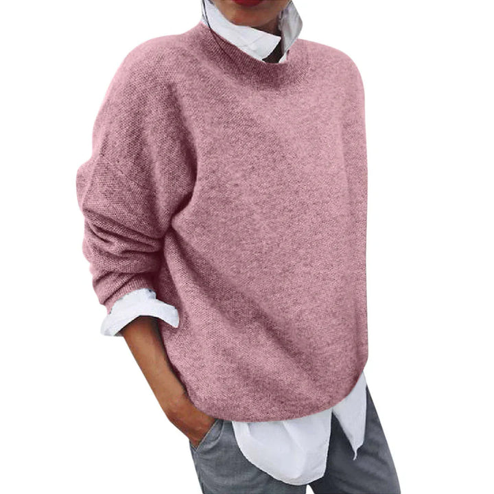 Tamsin pink mock neck knit sweater, front view close-up