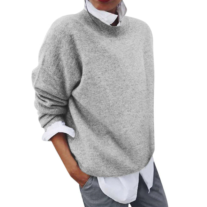 Tamsin gray mock neck knit sweater, side view layered over white shirt