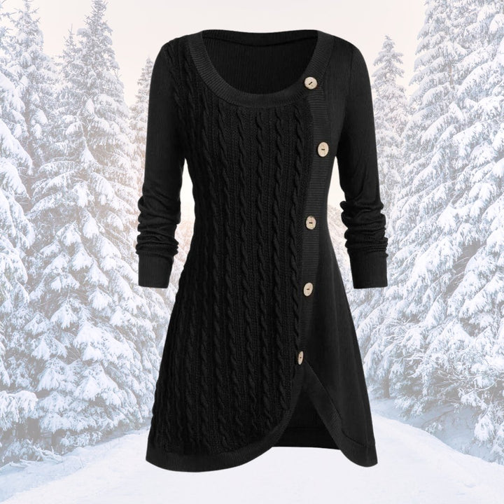 Tessa cable knit button front fall sweater in black, front view