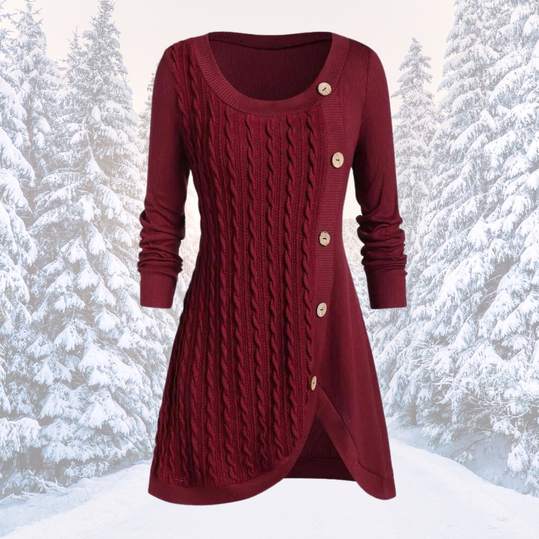 Tessa cable knit button front fall sweater in burgundy, front view