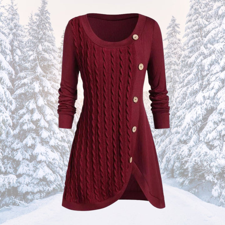 Tessa cable knit button front fall sweater in burgundy, front view