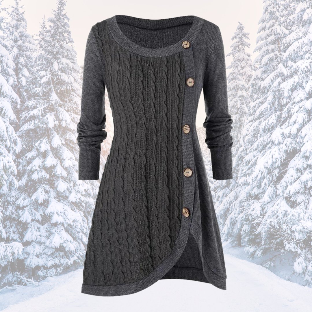 Tessa cable knit button front fall sweater in charcoal gray, front view