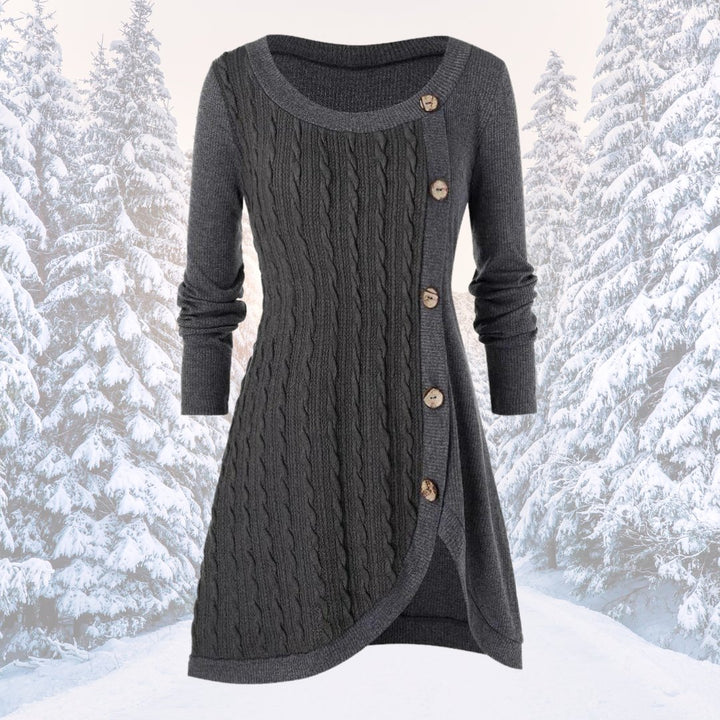 Tessa cable knit button front fall sweater in charcoal gray, front view
