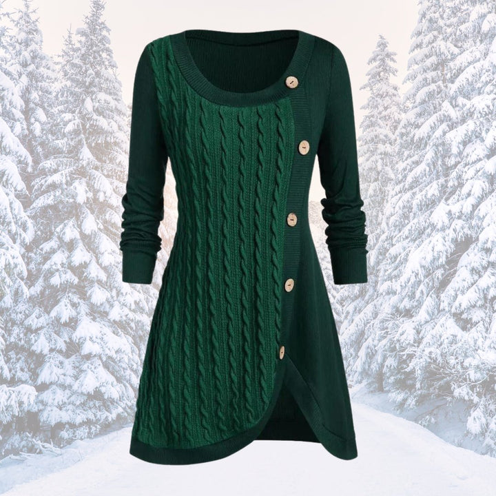 Tessa cable knit button front fall sweater in dark green, front view