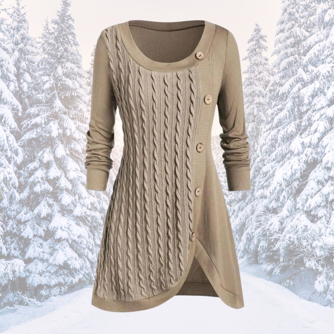 Tessa cable knit button front fall sweater in beige, front view