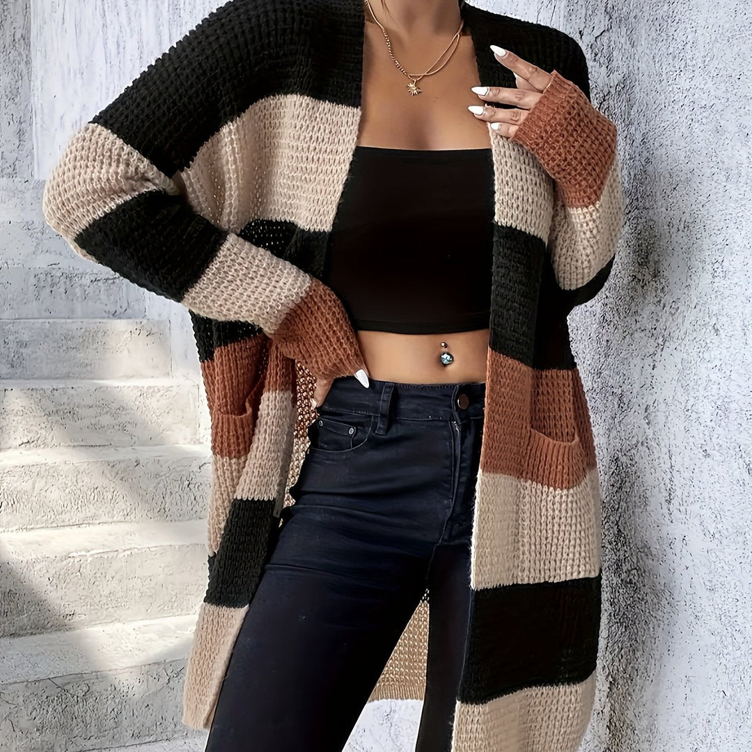 Théa colorblock longline cardigan, close-up front view with necklace detail