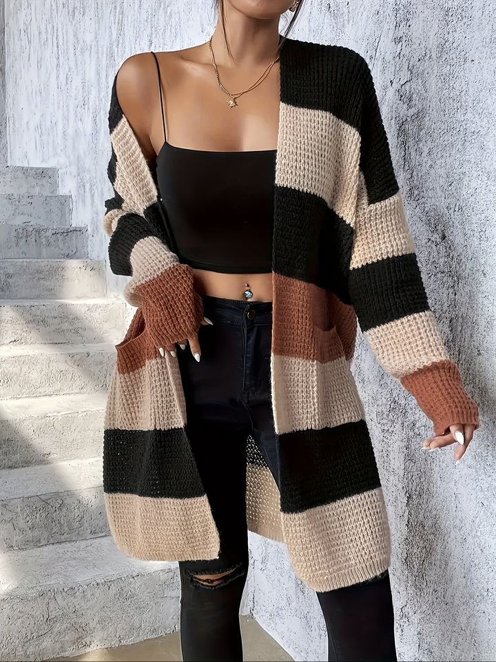 Théa colorblock longline cardigan, side view showing open front and pocket