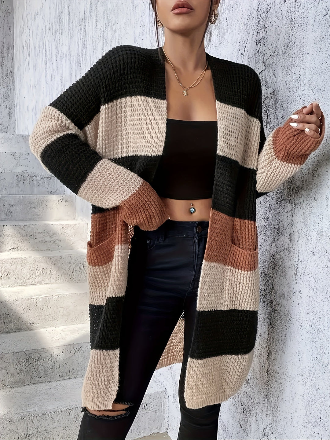 Théa colorblock longline cardigan, back view showing full length and stripe pattern