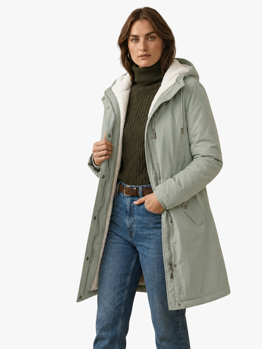 Théodora hooded fleece-lined parka in sage green, front view on model