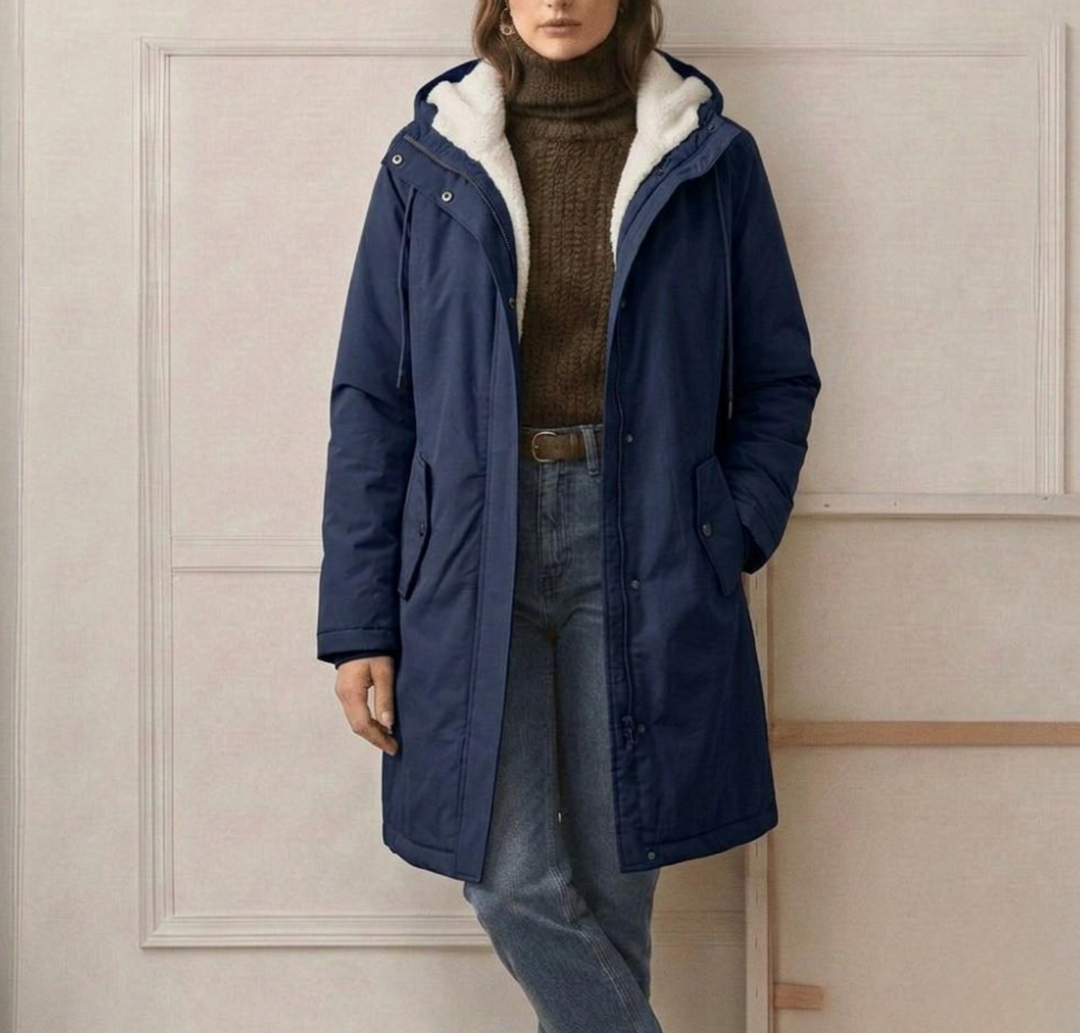 Théodora hooded fleece-lined parka in burgundy, front view on hanger