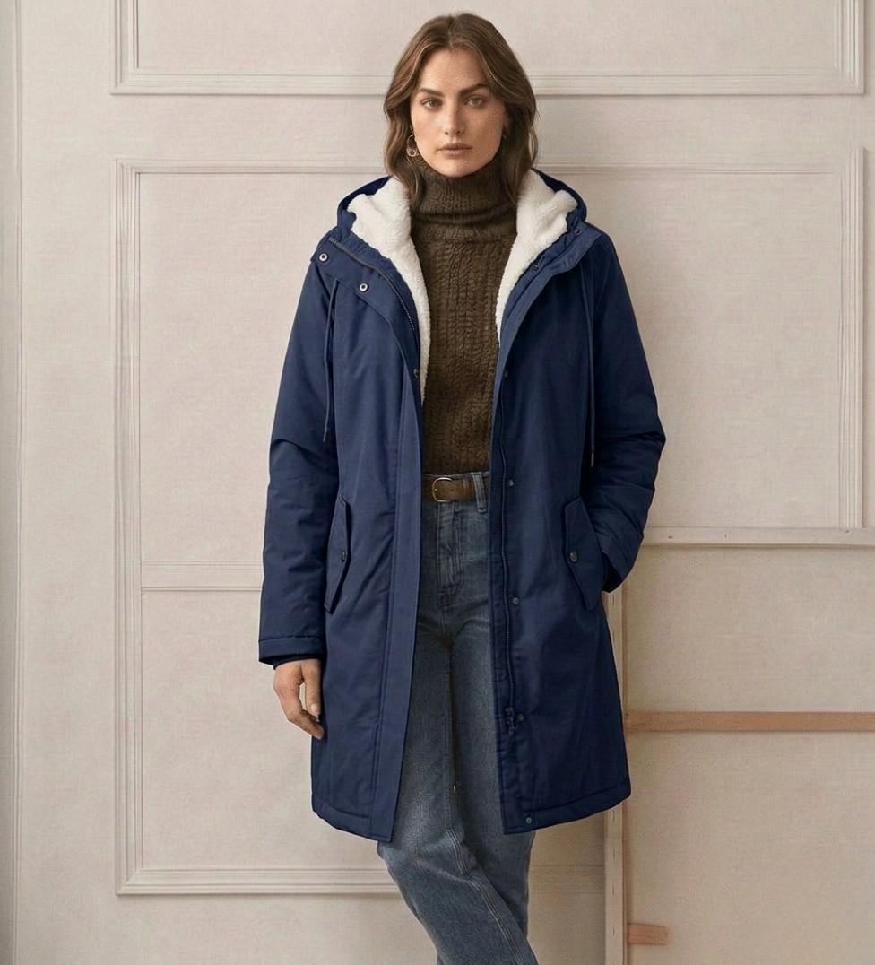 Théodora hooded fleece-lined parka in burgundy, front view on hanger