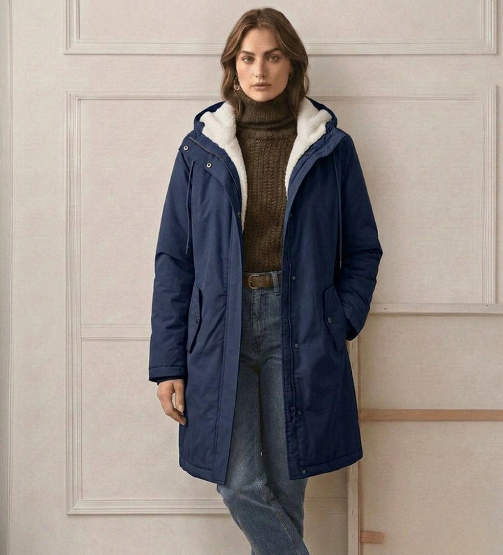 Théodora hooded fleece-lined parka in burgundy, front view on hanger
