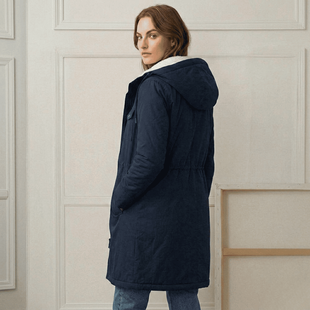 Théodora hooded fleece-lined parka in burgundy, front view on hanger