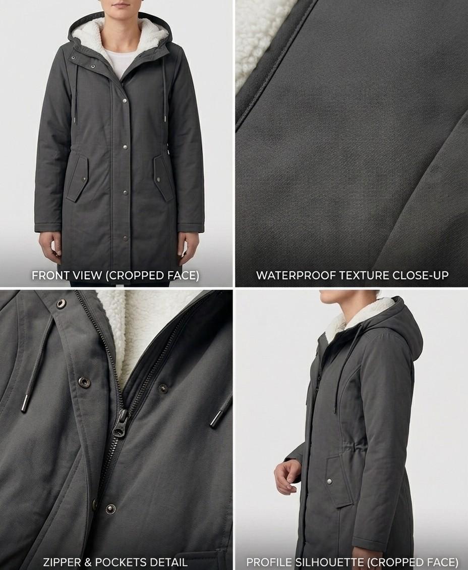 Théodora hooded fleece-lined parka in burgundy, front view on hanger