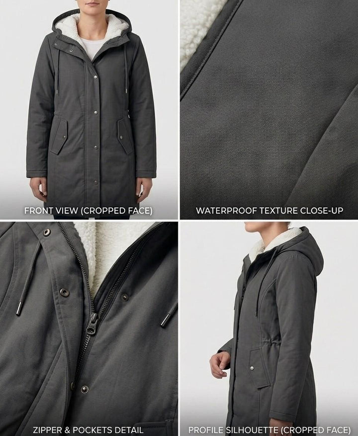 Théodora hooded fleece-lined parka in burgundy, front view on hanger