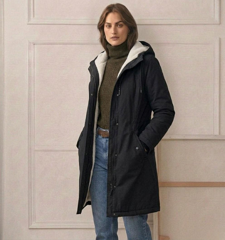 Théodora hooded fleece-lined parka in burgundy, front view on hanger