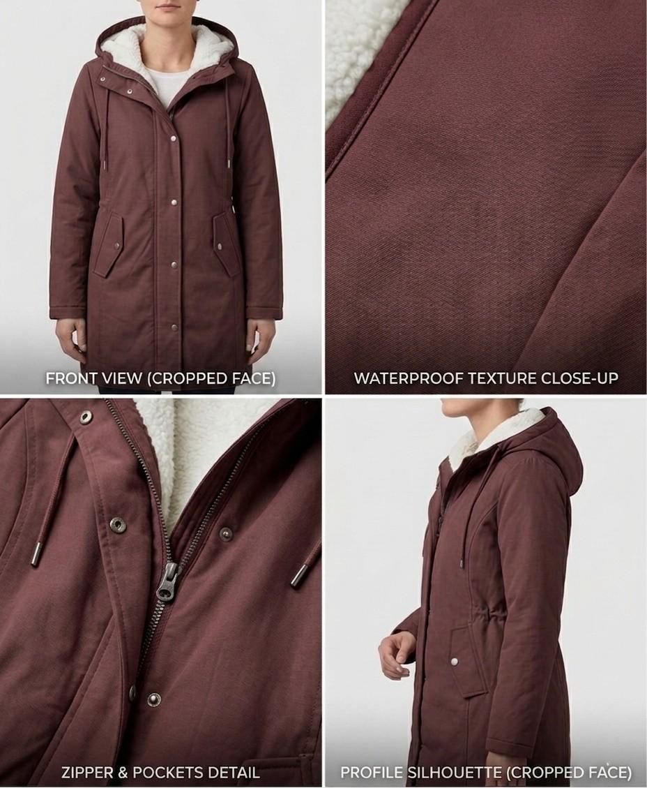 Théodora hooded fleece-lined parka in burgundy, front view on hanger