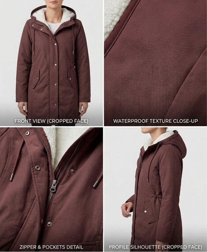 Théodora hooded fleece-lined parka in burgundy, front view on hanger