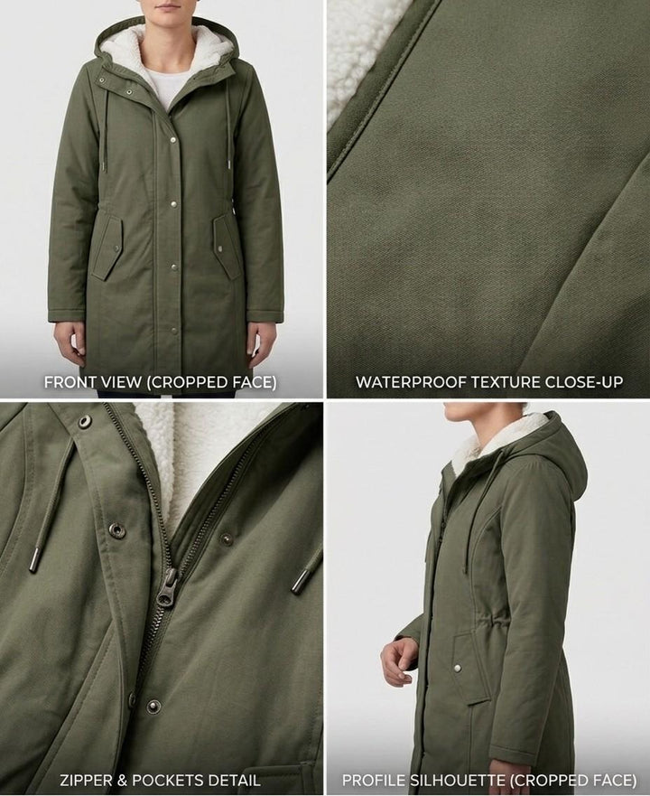 Théodora hooded fleece-lined parka in burgundy, front view on hanger