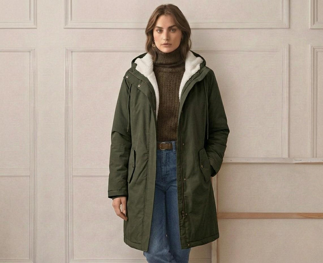 Théodora hooded fleece-lined parka in burgundy, front view on hanger
