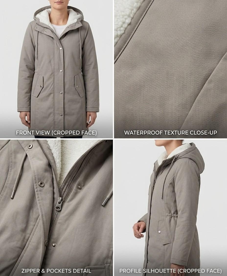 Théodora hooded fleece-lined parka in burgundy, front view on hanger