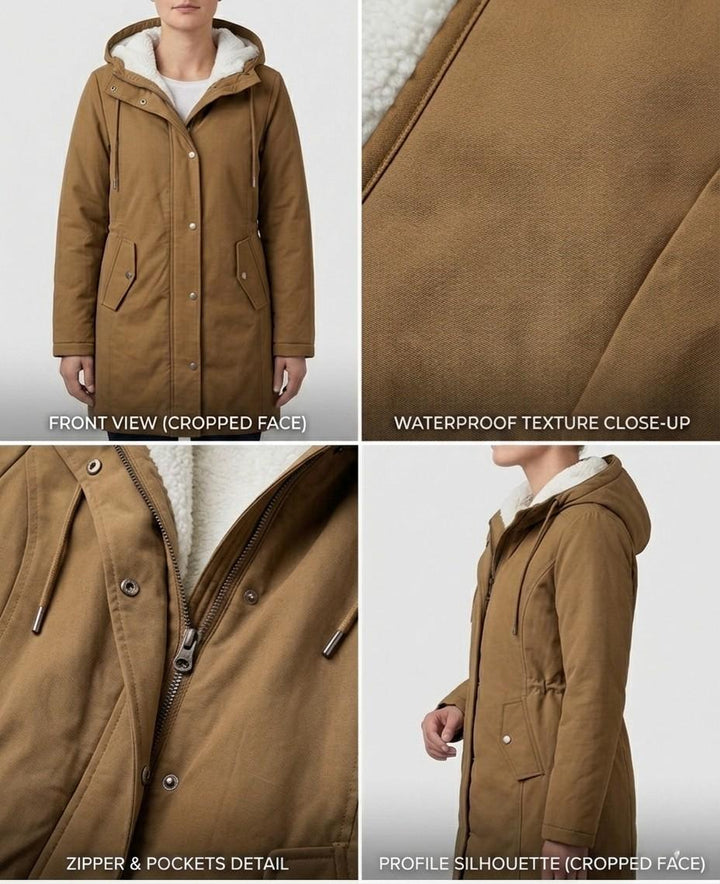 Théodora hooded fleece-lined parka in burgundy, front view on hanger
