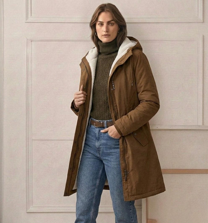 Théodora hooded fleece-lined parka in burgundy, front view on hanger
