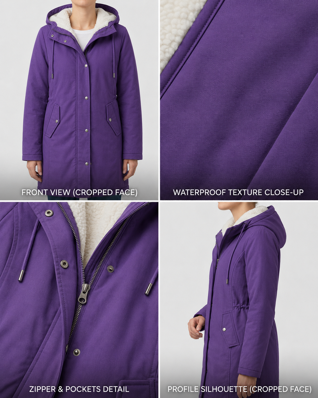 Théodora hooded fleece-lined parka in burgundy, front view on hanger