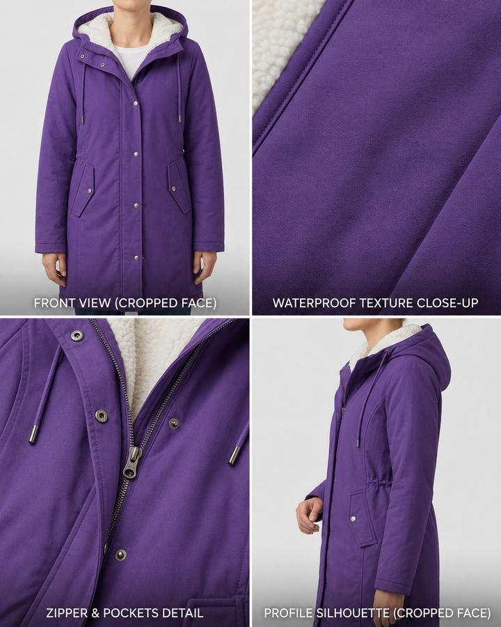 Théodora hooded fleece-lined parka in burgundy, front view on hanger