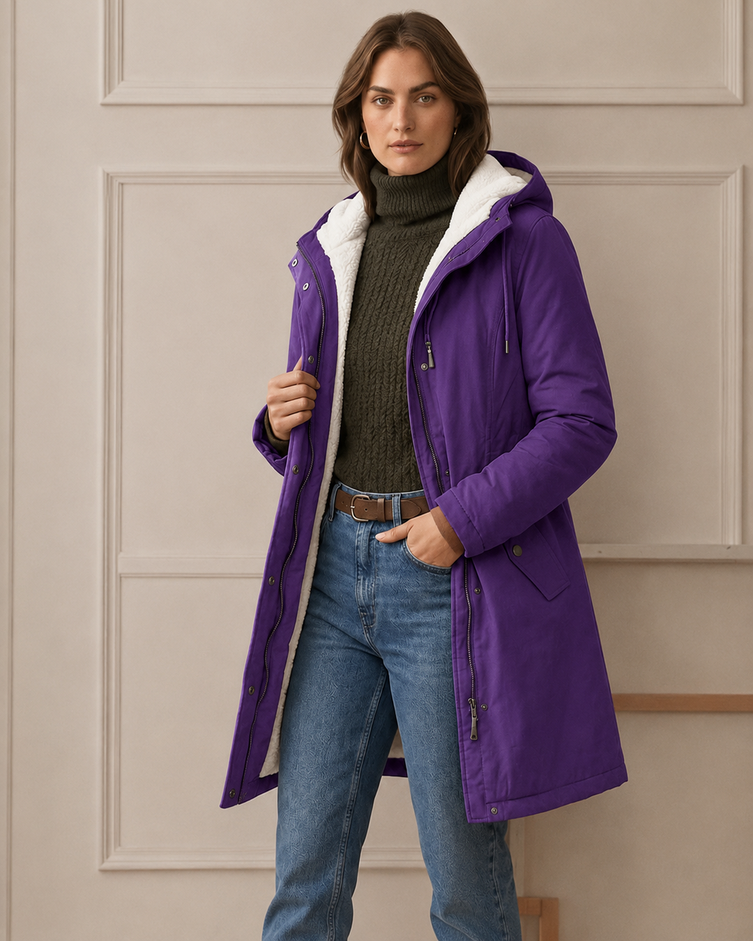 Théodora hooded fleece-lined parka in burgundy, front view on hanger
