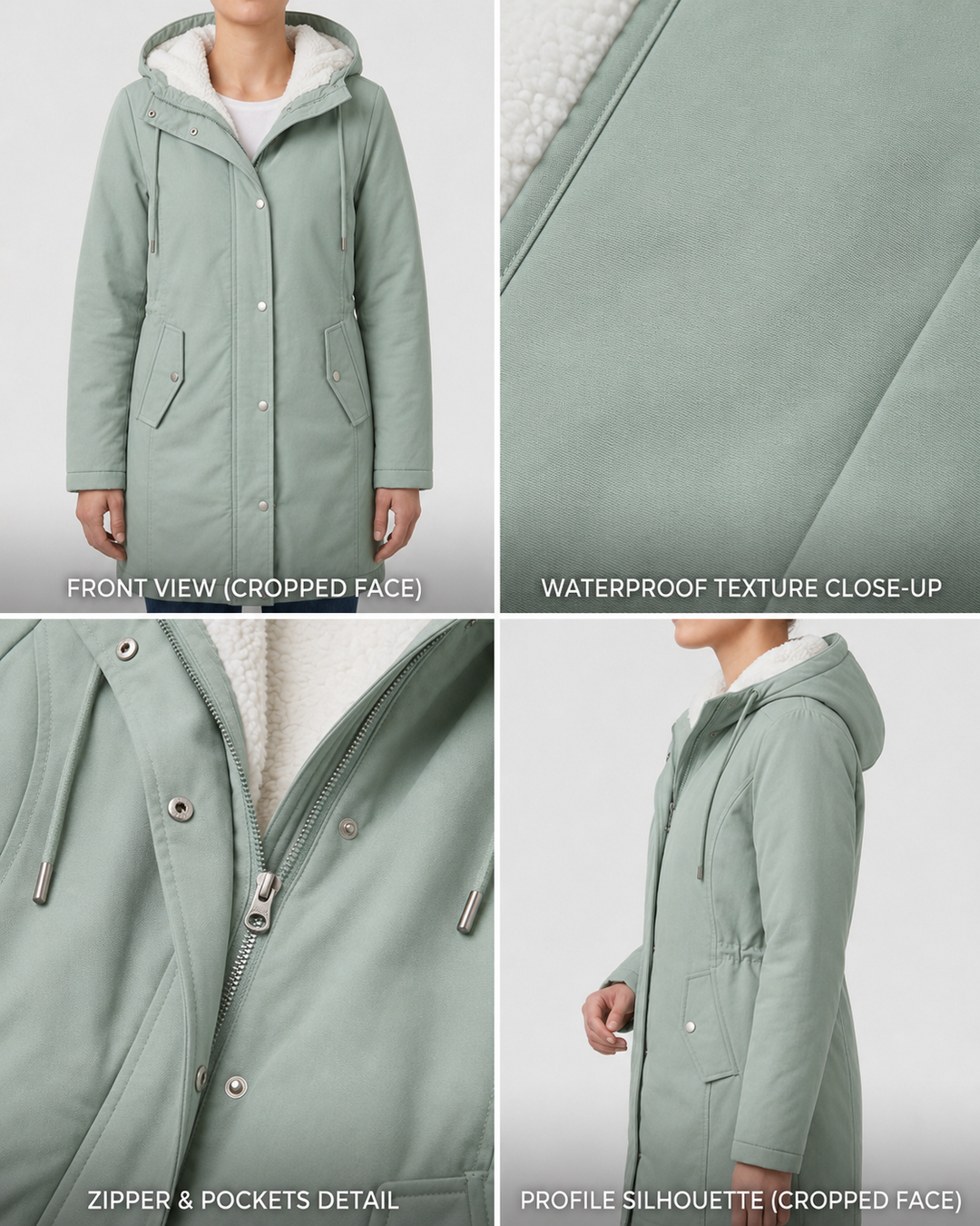 Théodora hooded fleece-lined parka in burgundy, front view on hanger