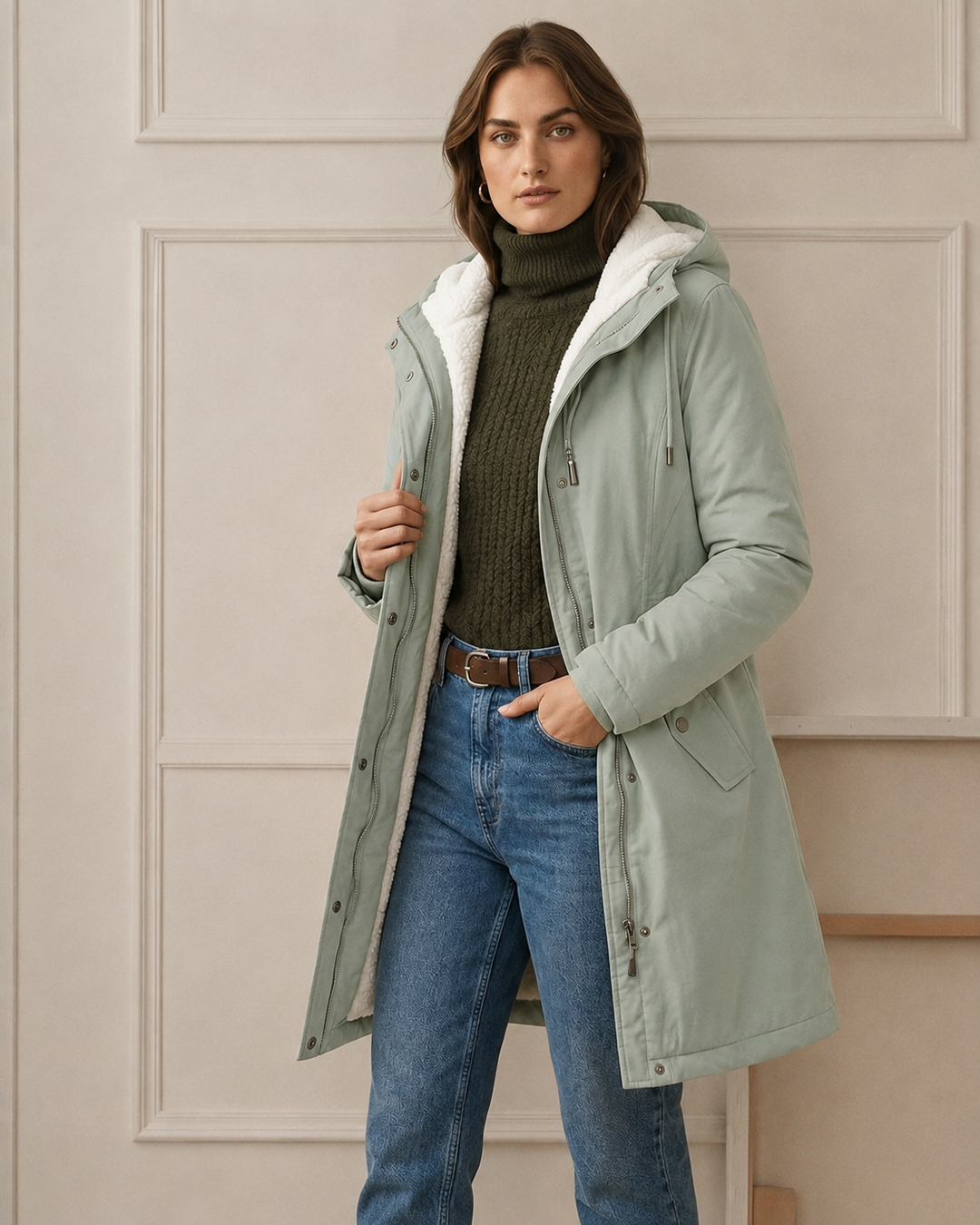 Théodora hooded fleece-lined parka in burgundy, front view on hanger