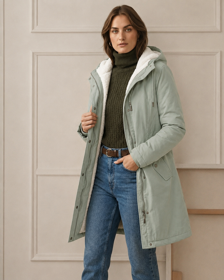 Théodora hooded fleece-lined parka in burgundy, front view on hanger