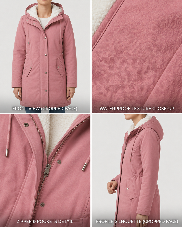 Théodora hooded fleece-lined parka in burgundy, front view on hanger