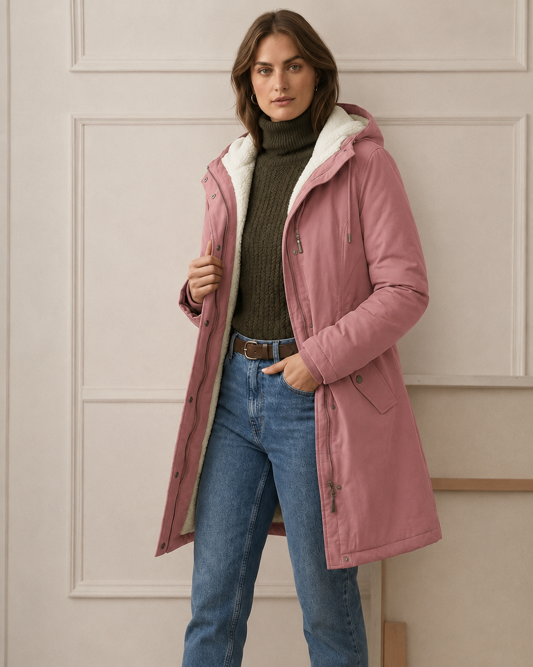Théodora hooded fleece-lined parka in burgundy, front view on hanger