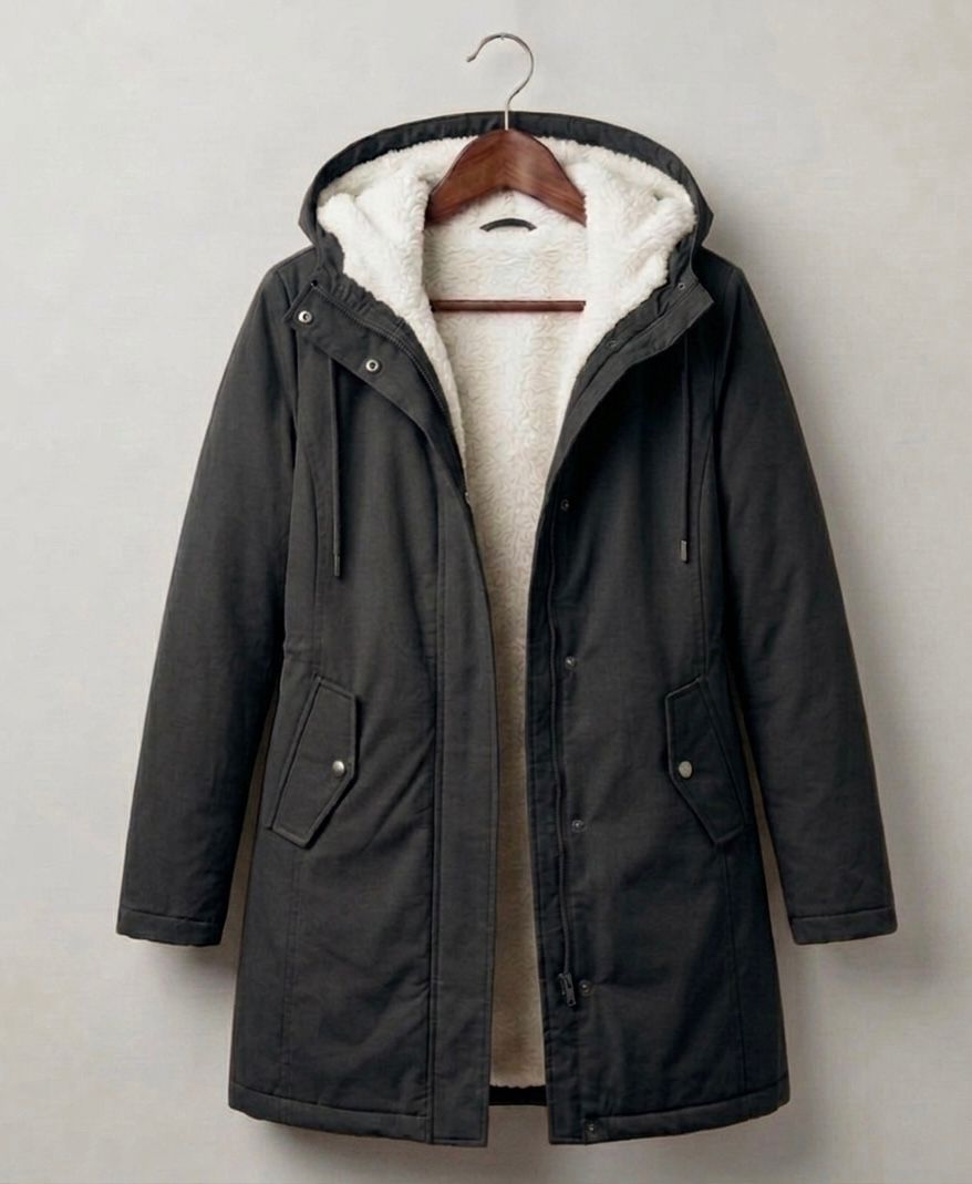Théodora hooded fleece-lined parka in dark olive, front view on hanger