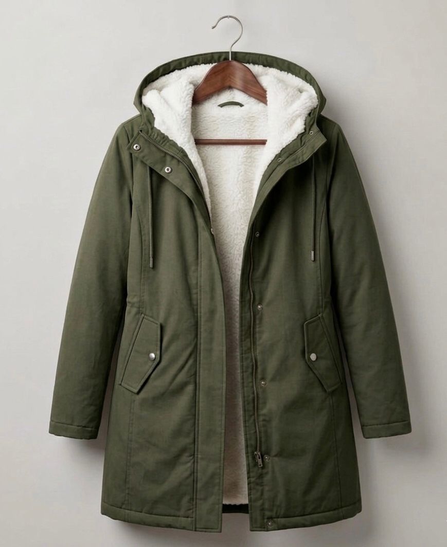 Théodora hooded fleece-lined parka in burgundy, front view on hanger