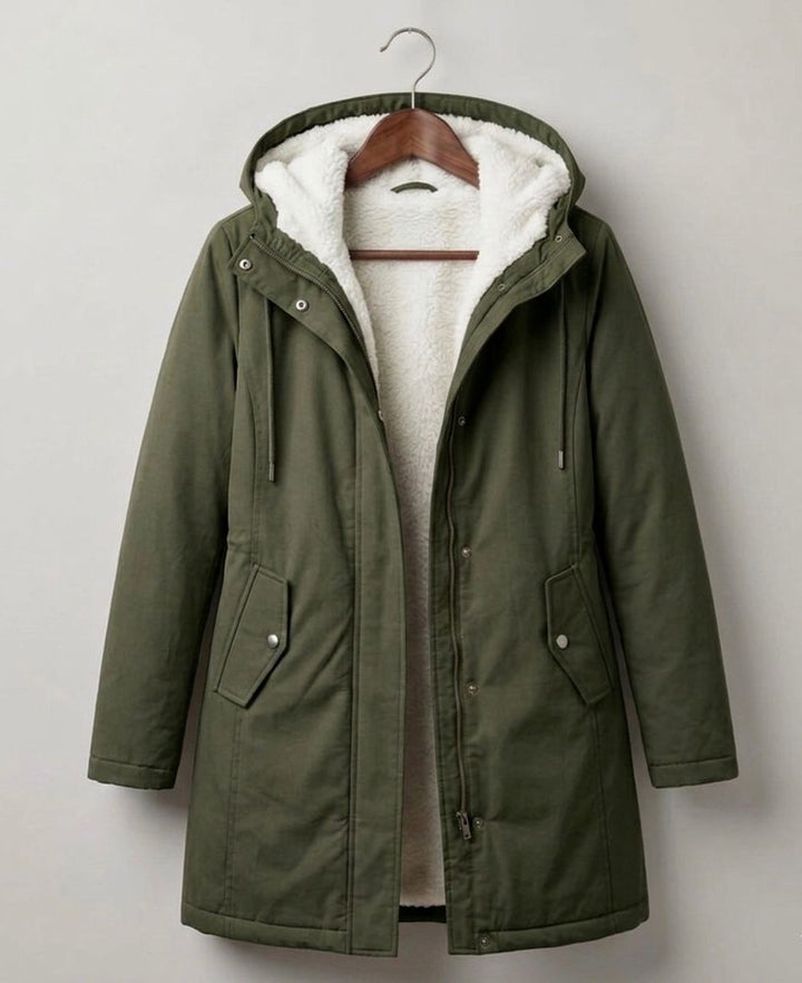Théodora hooded fleece-lined parka in burgundy, front view on hanger